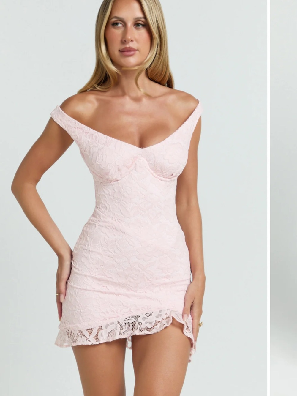Showpo Pale Pink Lace Off-Shoulder Mini Dress